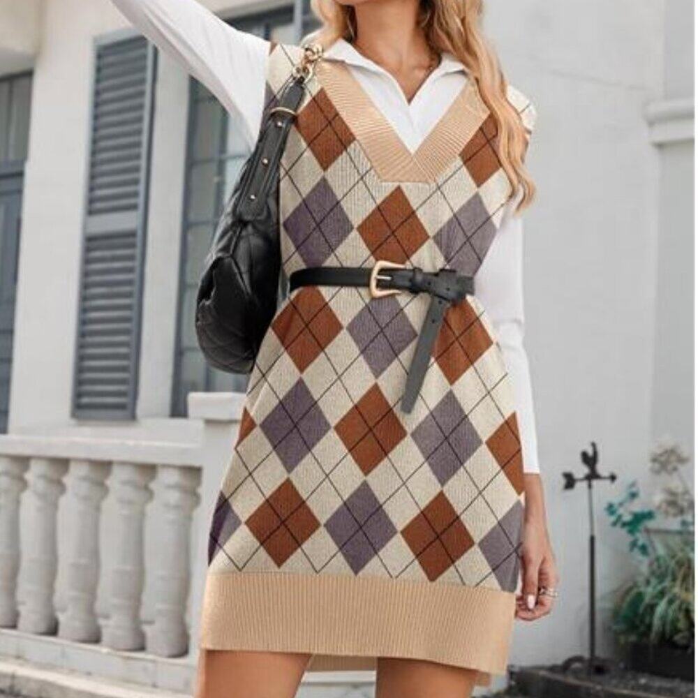 Women's Khaki Diamond Sweater Vest Dress Oversized Sleeveless Pullover V Neck - Picture 6 of 6